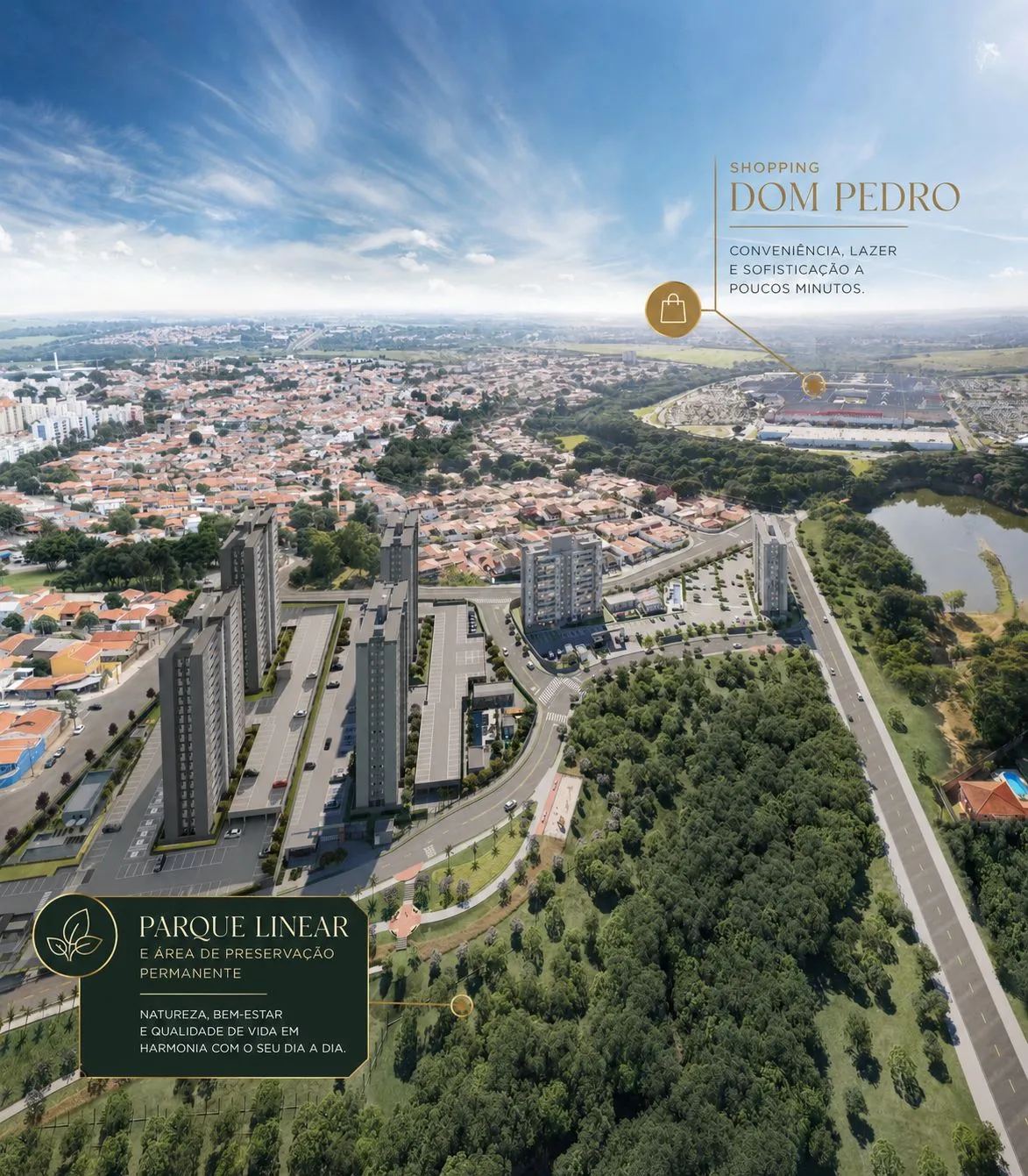 Vista aérea do Alta Vista Mangará Campinas com Shopping Dom Pedro e Parque Linear do Santa Genebra