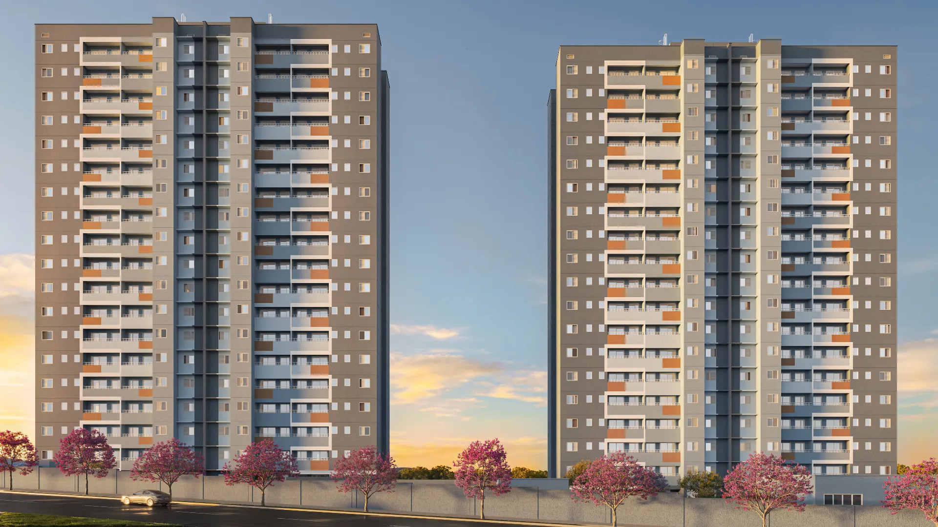 Perspectiva das duas torres do Alta Vista Mangará Campinas — fachada no Santa Genebra, próximo ao Shopping Dom Pedro